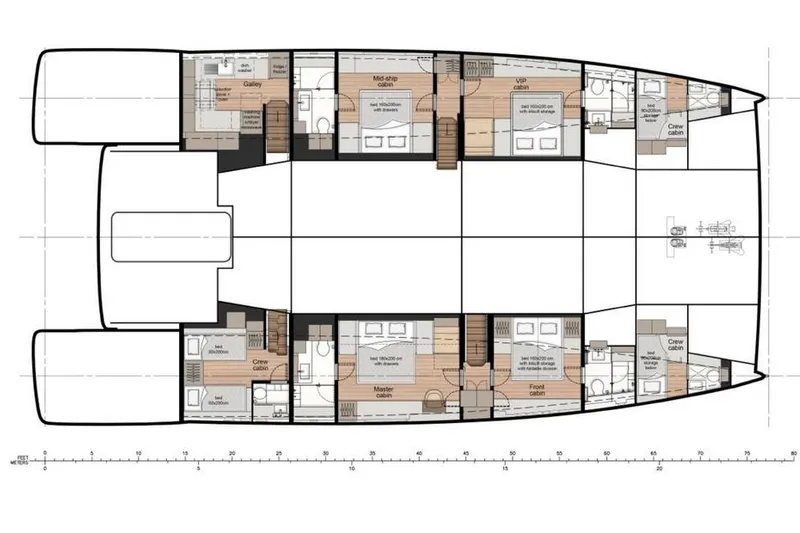  Yacht Photos Pics Floor plan of 2025 Sunreef 80 Eco catamaran, featuring cabins, galley, and crew quarters.