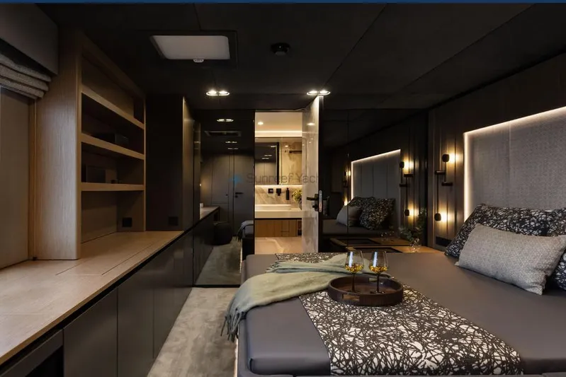  Yacht Photos Pics Luxurious interior of 2025 Sunreef Yachts 80 Eco, featuring elegant bedroom and modern design.