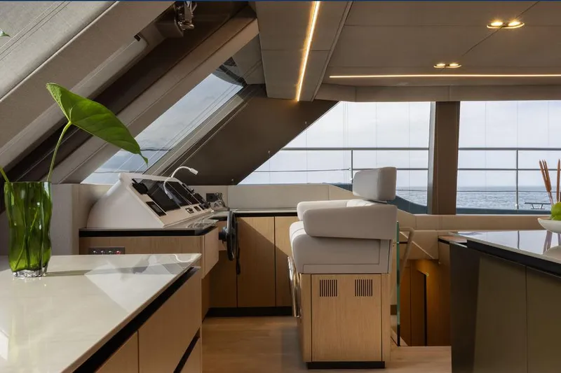  Yacht Photos Pics Luxurious interior of 2025 Sunreef Yachts 80 Eco, featuring modern helm and sleek design.