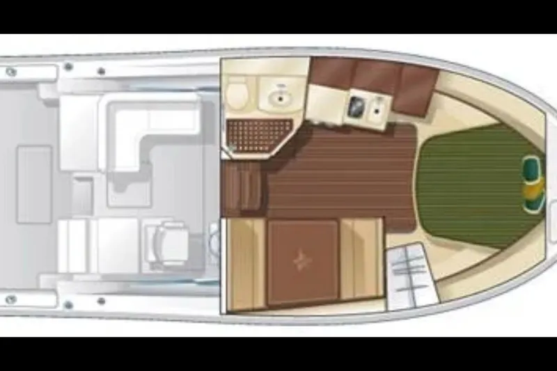 Valkyrie Yacht Photos Pics 2004 Pursuit 3400 Offshore boat interior layout with cabin and amenities.
