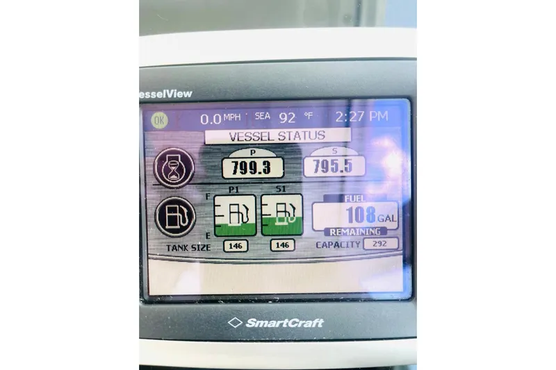  Yacht Photos Pics SmartCraft VesselView display on 2010 Sea Ray 450 Sundancer, showing vessel status and fuel levels.