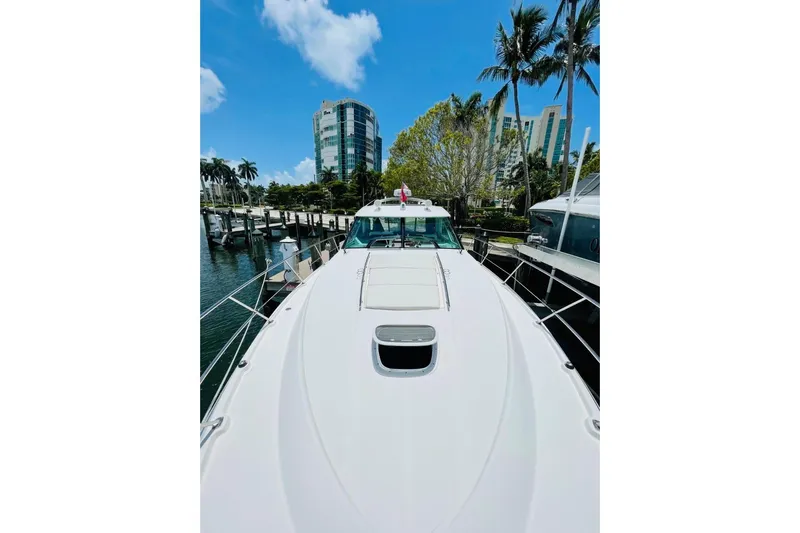  Yacht Photos Pics 2010 Sea Ray 450 Sundancer yacht docked, with palm trees and buildings in the background.