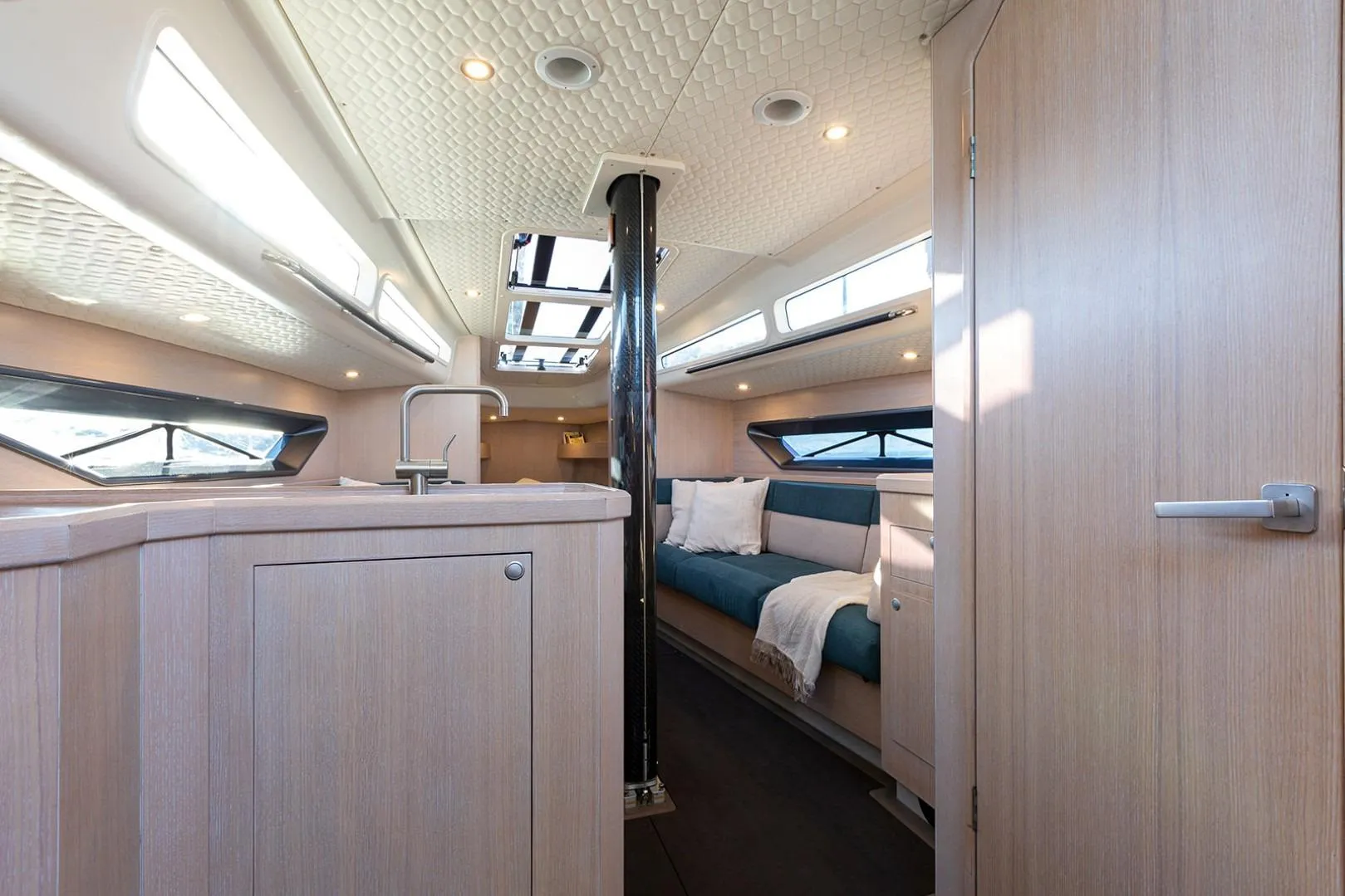 Luxurious interior of 2023 Shogun 43 yacht with modern design and comfortable seating.