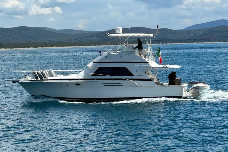  Yacht Photos Pics 1988 Bertram 43 Convertible yacht cruising on blue waters with scenic mountain backdrop.