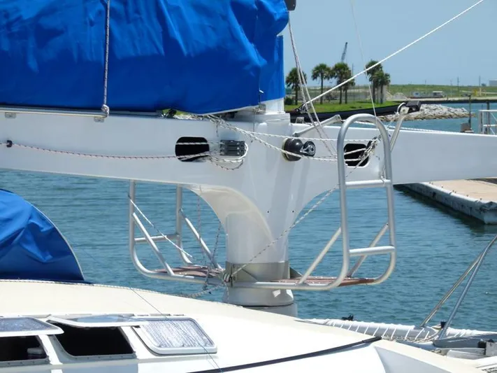 Panta Rhei Yacht Photos Pics Custom Roake 50 sailboat mast detail with blue sail cover, docked in marina, 2012 model.