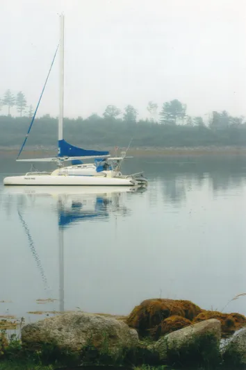 Panta Rhei Yacht Photos Pics Sailboat "Roake 50" on calm water, misty background, 2012.