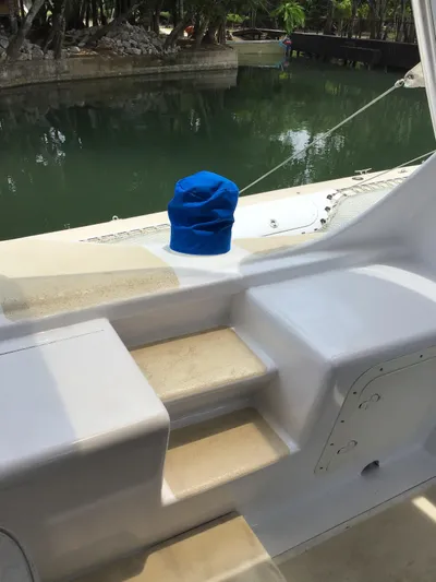 Panta Rhei Yacht Photos Pics Custom Roake 50 boat, 2012 model, with blue cover on deck steps by the water.