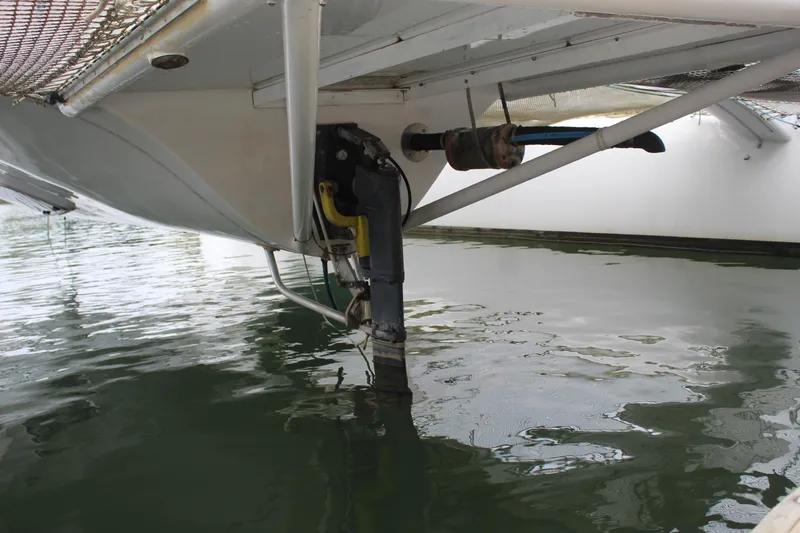 Panta Rhei Yacht Photos Pics Underwater view of Custom Roake 50 sailboat's propeller and rudder, 2012 model.