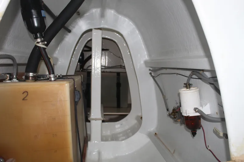 Panta Rhei Yacht Photos Pics Interior of 2012 Custom Roake 50 boat showing fuel tank and piping system.