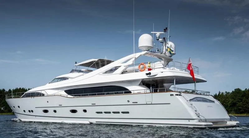 Queen Of Sheba Yacht Photos Pics Luxury 2006 Ferretti Yachts 112 Custom Line on water, showcasing sleek design and elegance.