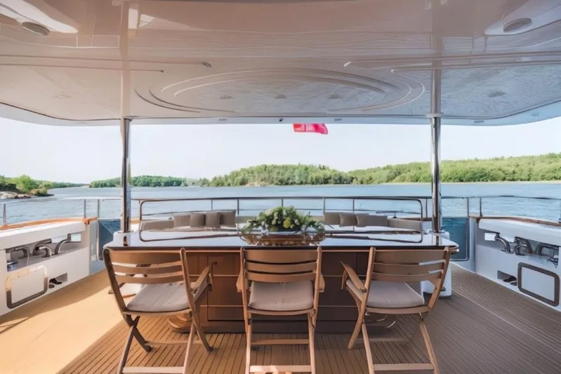 Queen Of Sheba Yacht Photos Pics Luxurious 2006 Ferretti Yachts 112 Custom Line deck with elegant dining setup and scenic water view.