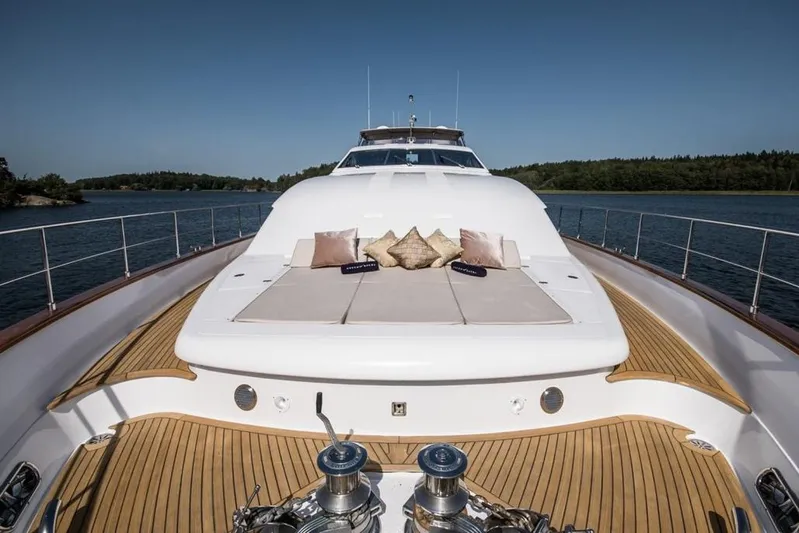 Queen Of Sheba Yacht Photos Pics Luxurious 2006 Ferretti Yachts 112 Custom Line on serene water, featuring elegant deck seating.