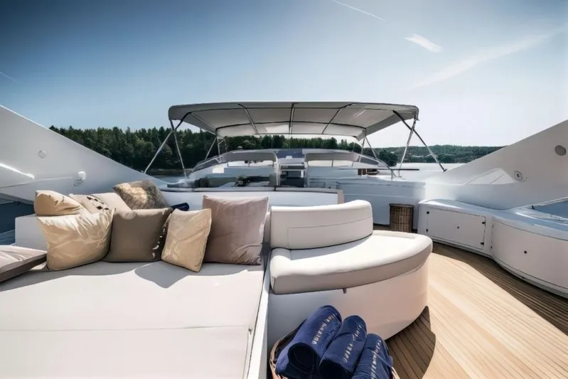 Queen Of Sheba Yacht Photos Pics Luxurious 2006 Ferretti Yachts 112 Custom Line with elegant deck seating and canopy.