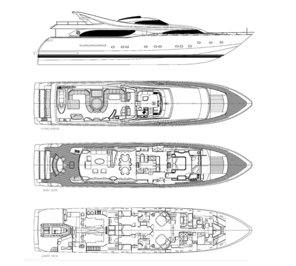 Queen Of Sheba Yacht Photos Pics Blueprint of 2006 Ferretti Yachts 112 Custom Line, showcasing side view and deck layouts.