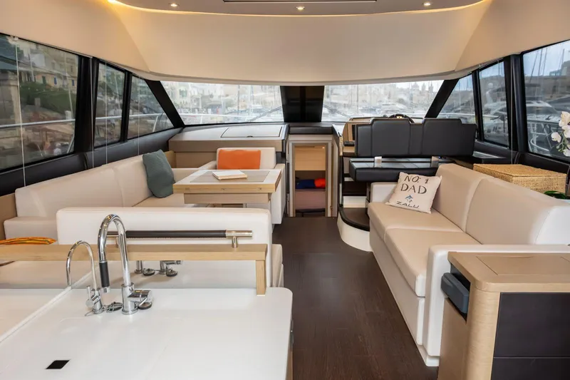  Yacht Photos Pics Luxurious interior of a 2019 Prestige 500 yacht with modern seating and decor.