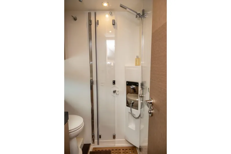  Yacht Photos Pics Luxurious 2019 Prestige 500 yacht bathroom with modern shower and sleek design.