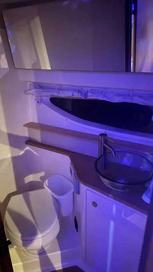  Yacht Photos Pics 2021 Sea Ray Sundancer 350 Coupe bathroom with modern sink and toilet.