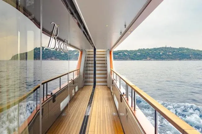  Yacht Photos Pics Luxurious Benetti Motopanfilo 37M yacht deck with ocean view, 2023 model.