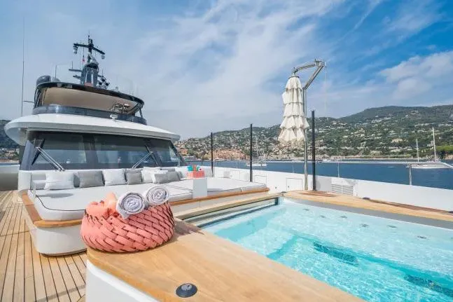  Yacht Photos Pics Luxurious 2023 Benetti Motopanfilo 37M yacht with pool and scenic coastal view.
