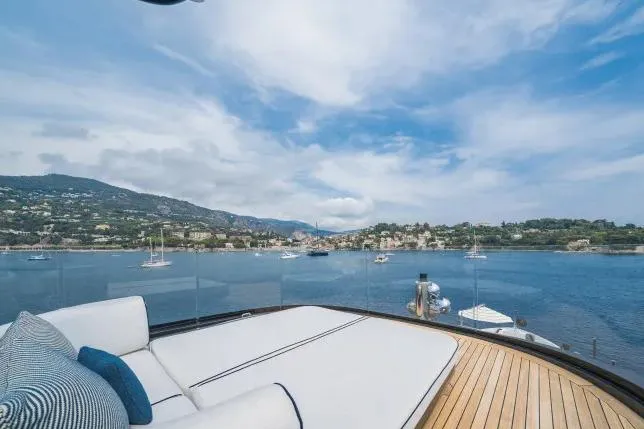  Yacht Photos Pics Luxurious Benetti Motopanfilo 37M yacht deck with scenic coastal view, 2023 model.