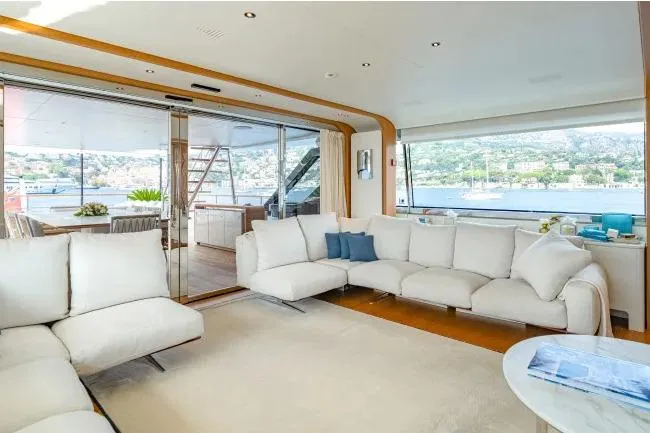  Yacht Photos Pics Luxurious interior of 2023 Benetti Motopanfilo 37M yacht with elegant white seating.