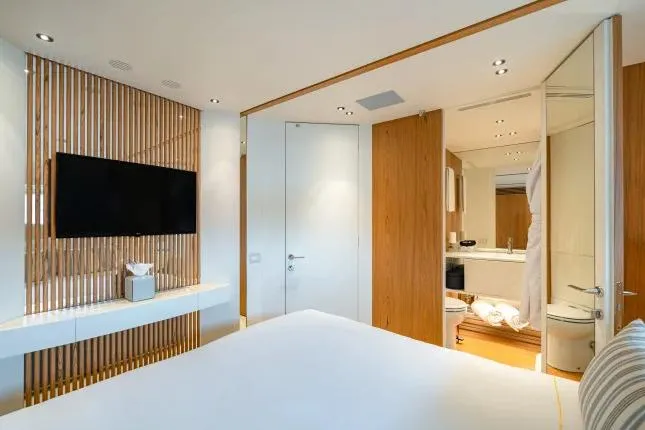  Yacht Photos Pics Luxurious interior of 2023 Benetti Motopanfilo 37M yacht bedroom with modern design.