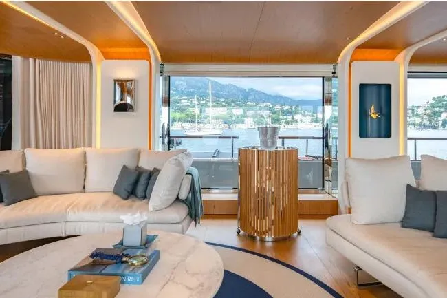  Yacht Photos Pics Luxurious interior of 2023 Benetti Motopanfilo 37M yacht with elegant seating and scenic view.