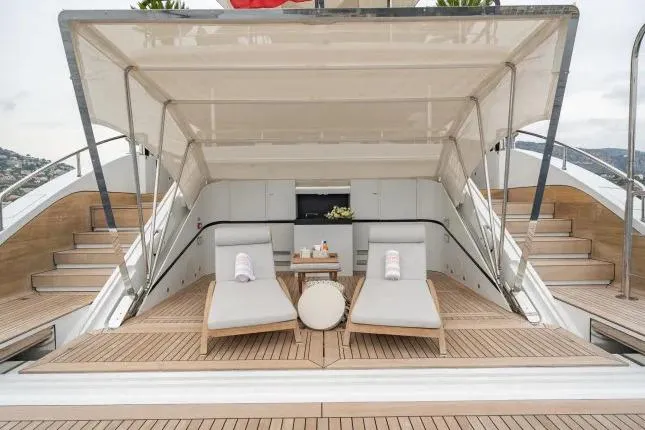  Yacht Photos Pics Luxury Benetti Motopanfilo 37M yacht deck with sun loungers, 2023 model.