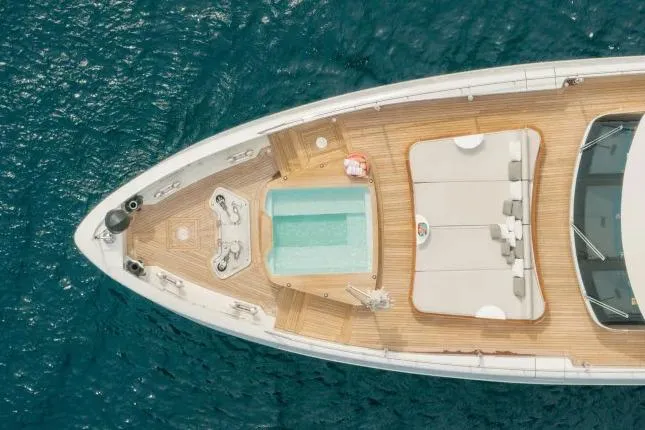  Yacht Photos Pics Aerial view of 2023 Benetti Motopanfilo 37M yacht with deck pool and sunbathing area.