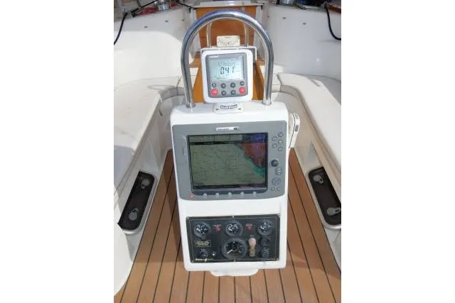 Right Action Yacht Photos Pics Cockpit navigation system of 2008 Catalina 400 MK II sailboat with GPS and controls.