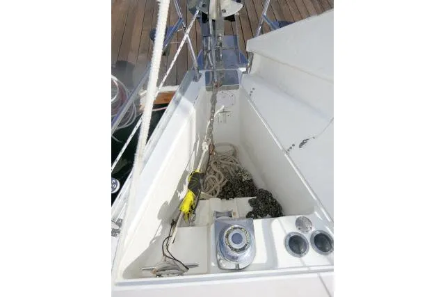 Right Action Yacht Photos Pics Anchor locker of 2008 Catalina 400 MK II sailboat with ropes and chains.