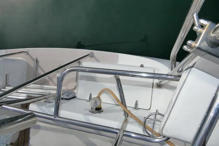 Right Action Yacht Photos Pics Catalina 400 MK II yacht deck details, featuring stainless steel railings, 2008 model.