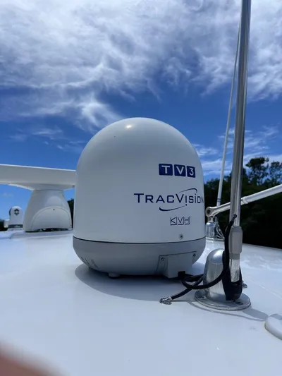 No Name Yacht Photos Pics KVH TracVision TV3 satellite dome on 2016 Intrepid 375 Walkaround boat.