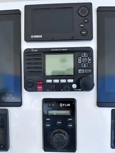 No Name Yacht Photos Pics 2016 Intrepid 375 Walkaround electronics panel with Yamaha, Icom, and FLIR devices.