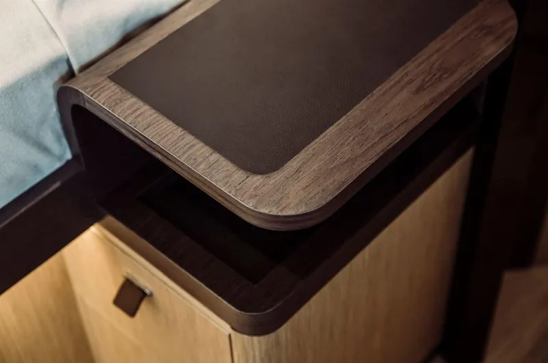 Absolute 52 Fly Yacht Photos Pics Luxurious wooden interior detail of 2025 Absolute 52 FLY yacht.