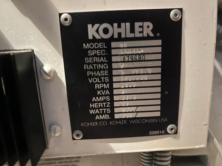 Yacht Photos Pics Kohler generator specification plate on a 1999 Silverton 392 Aft Cabin boat.