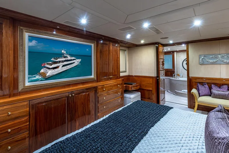 Amore Yacht Photos Pics Luxurious 2005 Christensen motor yacht interior with elegant wood paneling and modern amenities.