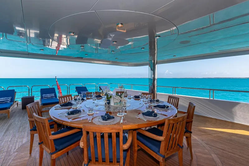 Amore Yacht Photos Pics Luxurious dining area on 2005 Christensen motor yacht with ocean view.