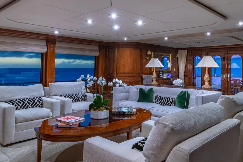 Amore Yacht Photos Pics Luxurious 2005 Christensen motor yacht interior with elegant seating and ocean view.