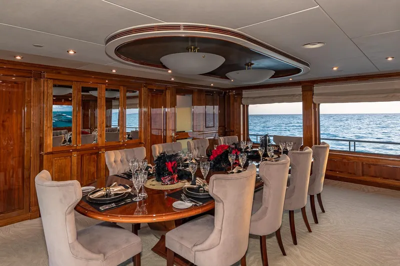 Amore Yacht Photos Pics Luxurious dining area on 2005 Christensen motor yacht with ocean view.