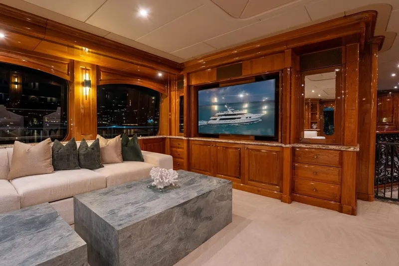 Amore Yacht Photos Pics Luxurious 2005 Christensen motor yacht interior with elegant wood paneling and modern amenities.