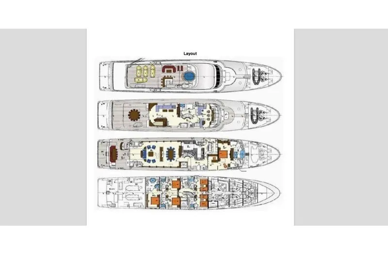 Amore Yacht Photos Pics Deck layout of 2005 Christensen Motor Yacht, showcasing multiple levels and amenities.
