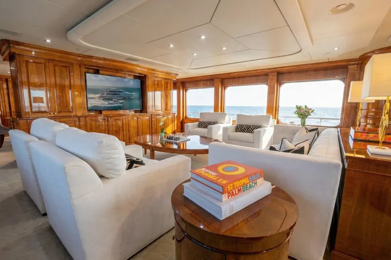 Amore Yacht Photos Pics Luxurious 2005 Christensen motor yacht interior with elegant seating and ocean views.