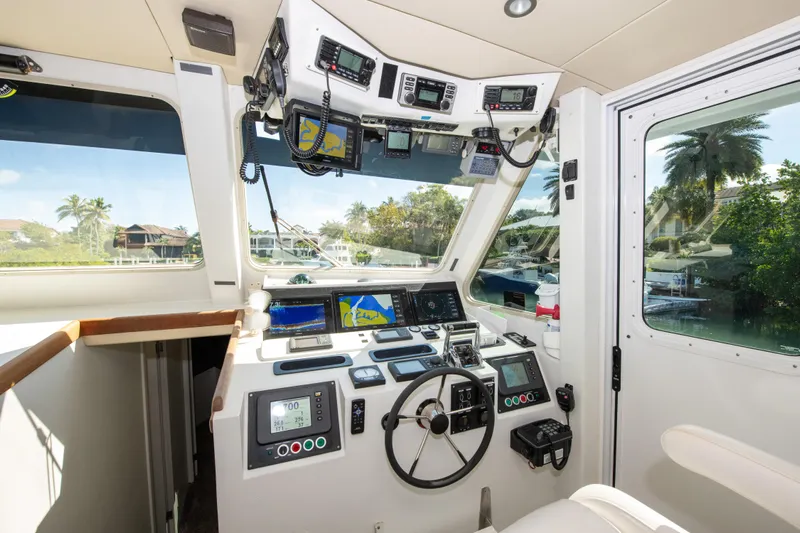 Sarah B Yacht Photos Pics Cockpit of 2007 Custom Carolina 58 Dixon Marine with advanced navigation equipment.