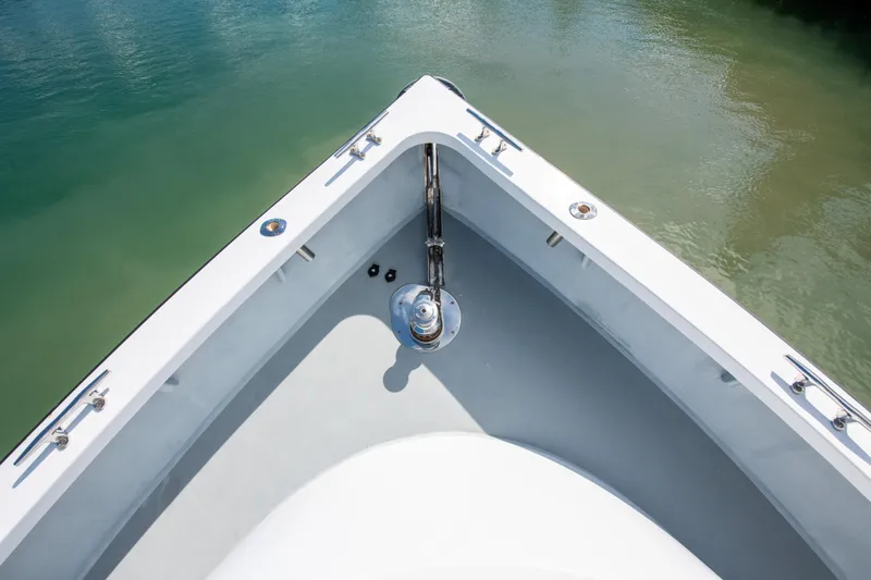 Sarah B Yacht Photos Pics Bow of 2007 Custom Carolina 58 Dixon Marine boat on calm water.