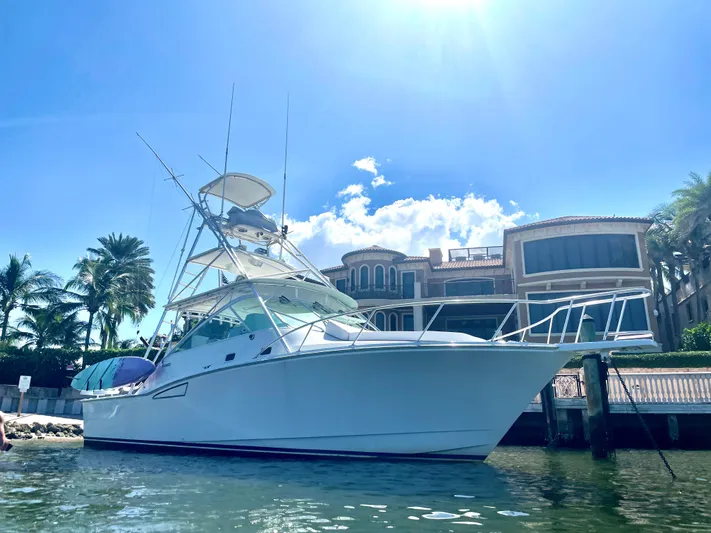  Yacht Photos Pics 2001 Cabo 35 Express yacht docked near luxury waterfront homes under a sunny sky.