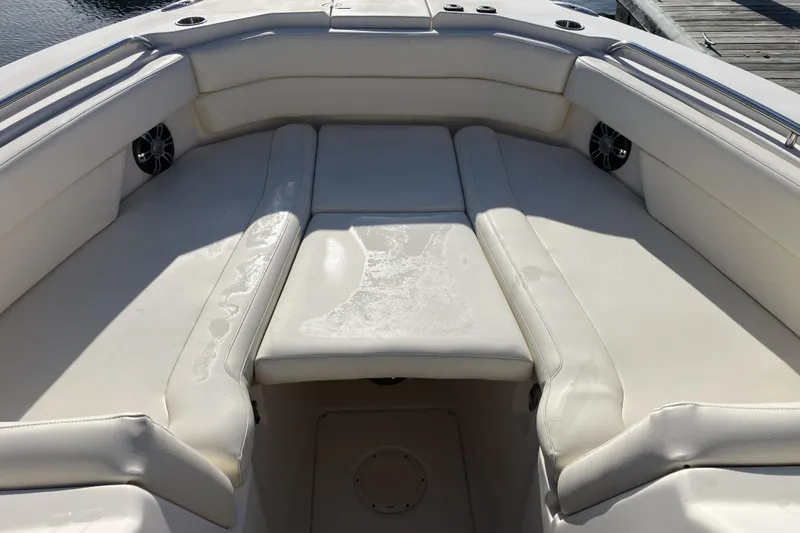  Yacht Photos Pics 2019 Grady-White Freedom 307 boat interior with cushioned seating and speakers.