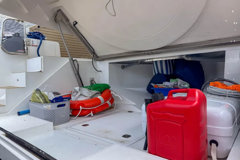 Sea Star Yacht Photos Pics Storage compartment of 2023 Galeon 500 Fly yacht with safety equipment and supplies.