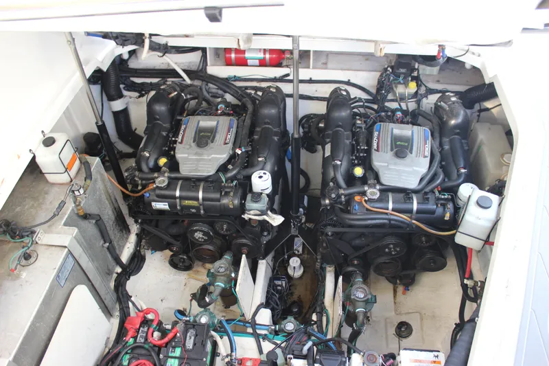  Yacht Photos Pics Engine compartment of 2012 Sea Ray 330 Sundancer with twin inboard motors.