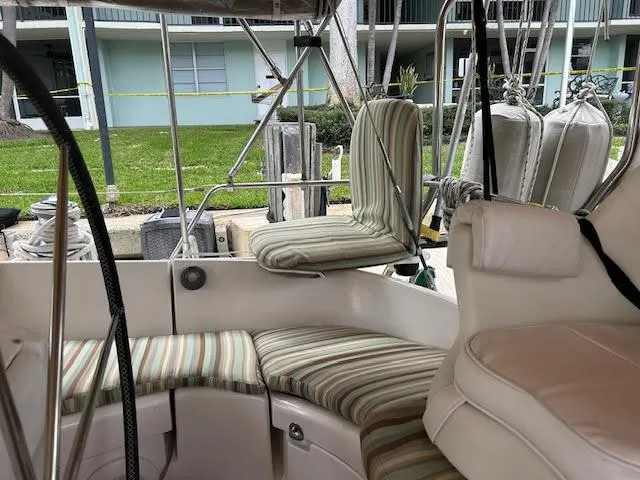 Walkabout Yacht Photos Pics Interior view of 1997 Beneteau Oceanis 461 sailboat with striped seating.